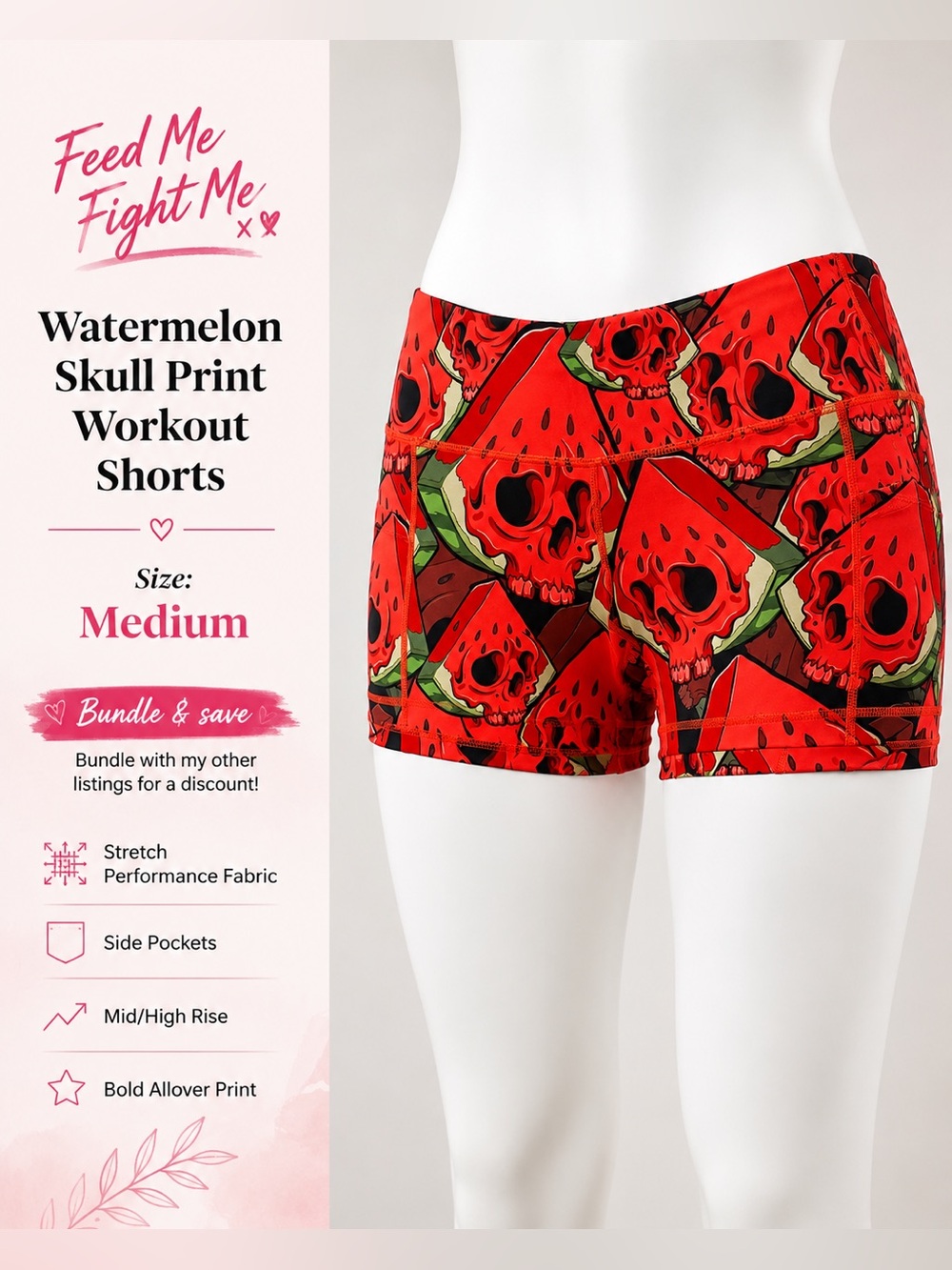 Fmfm medium Watermelon Skull Print Workout Shorts - Red feed me fight me